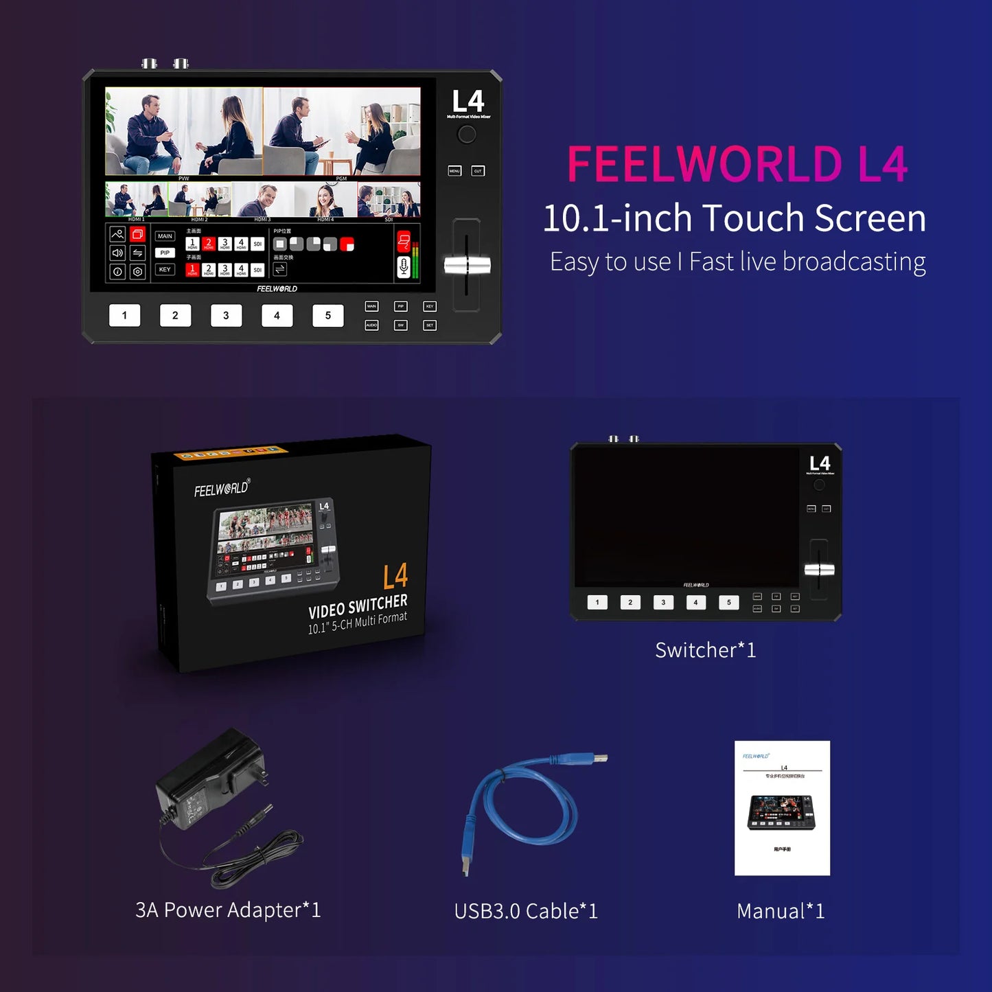 Feelworld L4 Switcher 10.1 Inch Touch Screen Multi-Camera Video Mixer Switcher