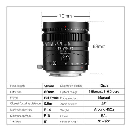 TTArtisan Tilt 50mm F1.4 Full Frame Lens - Vitopal