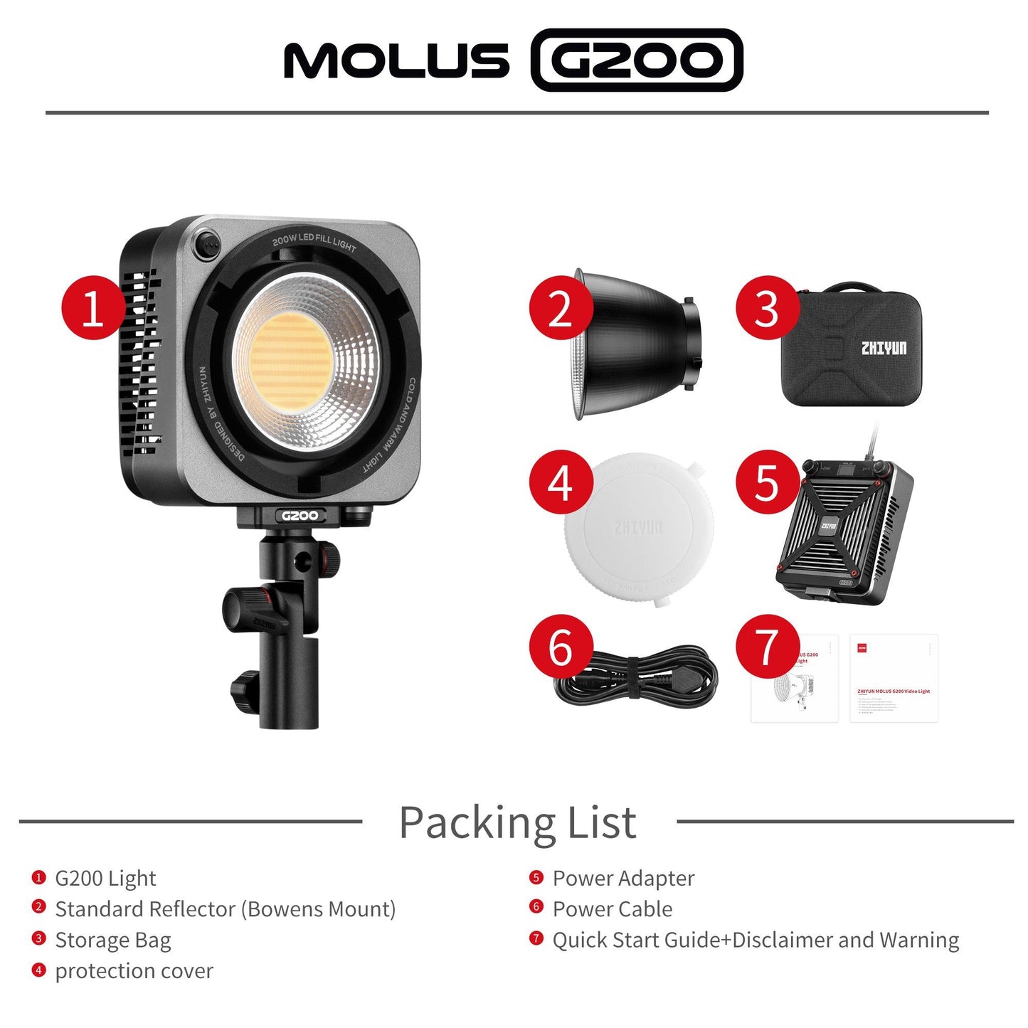 ZHIYUN MOLUS G200 COB LED Video Light Bowens Mount, Bi-Color 2700K-6500K - Vitopal